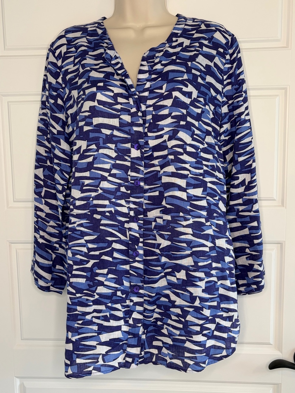 ZOZO 100% Linen Blue White Abstract Split V Button Up Tunic Shirt Dress Sz M New